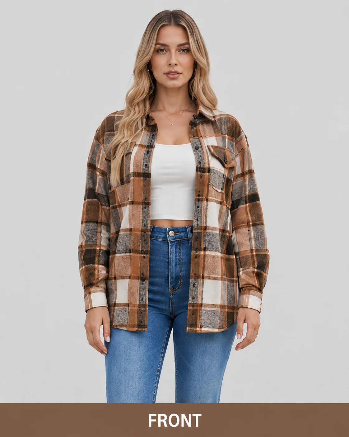 Front view of the women's brown plaid flannel shirt.