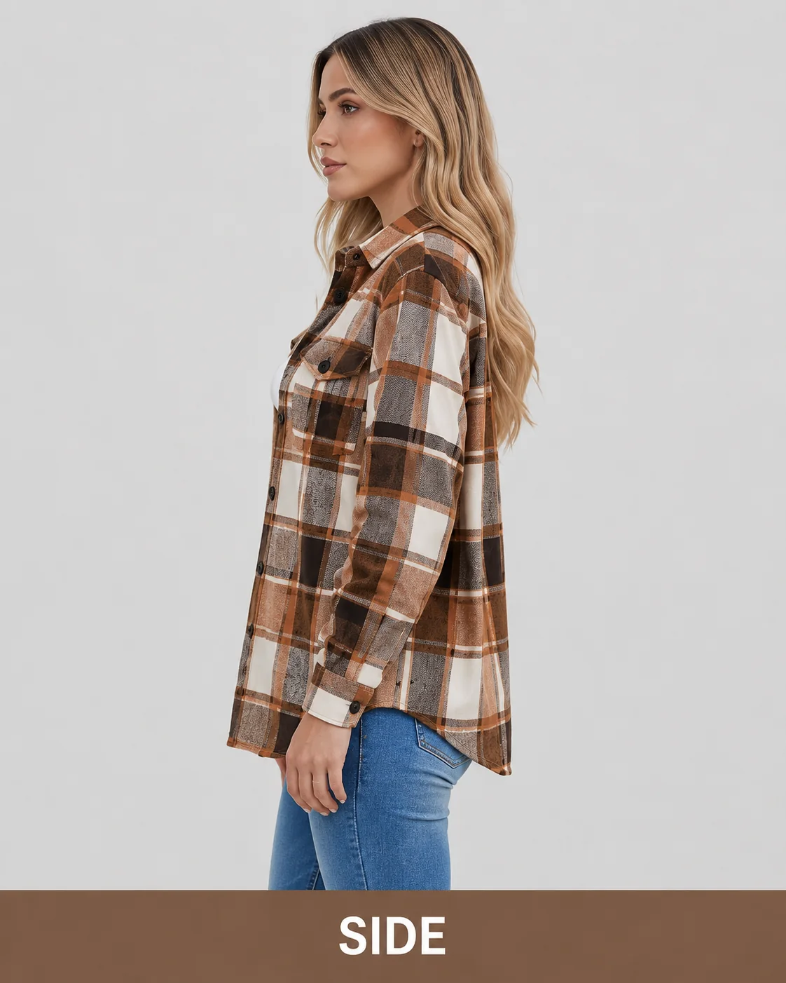 Side view of the women's brown plaid flannel shirt.