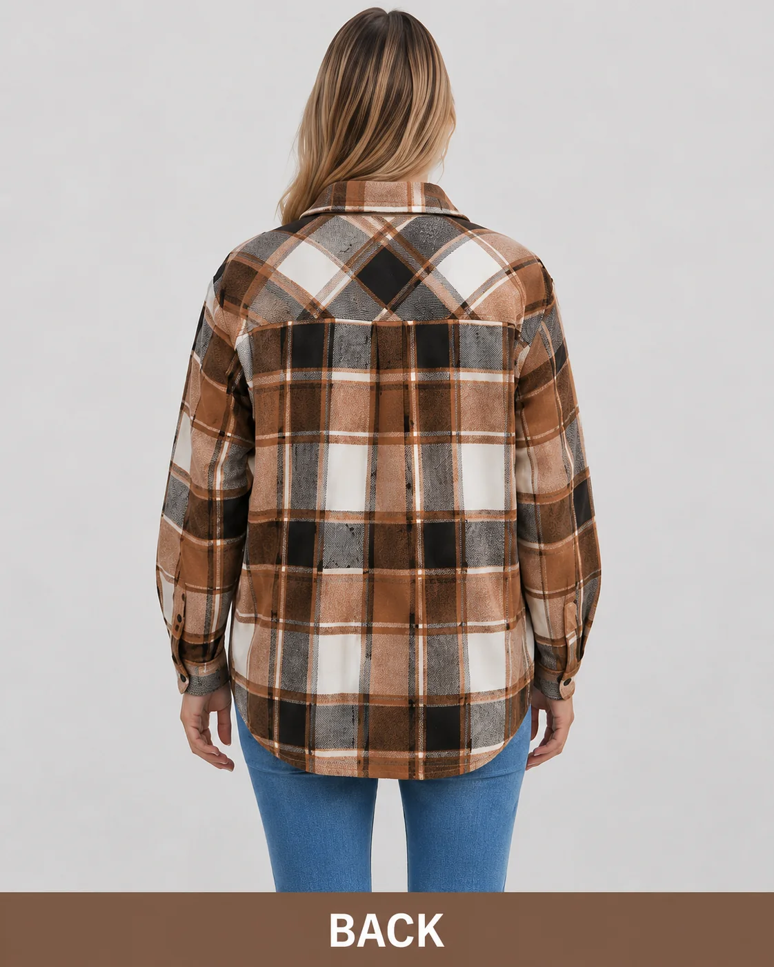 Back view of the women's brown plaid flannel shirt.