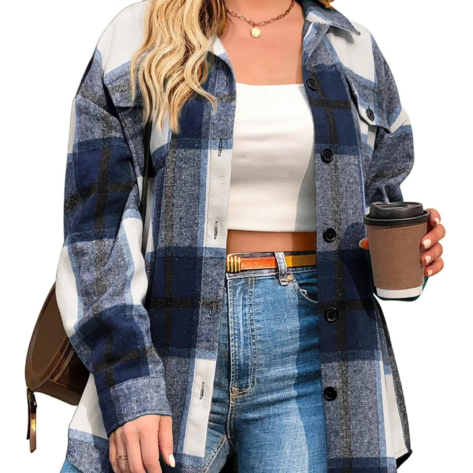 Blue plaid flannel shirt.