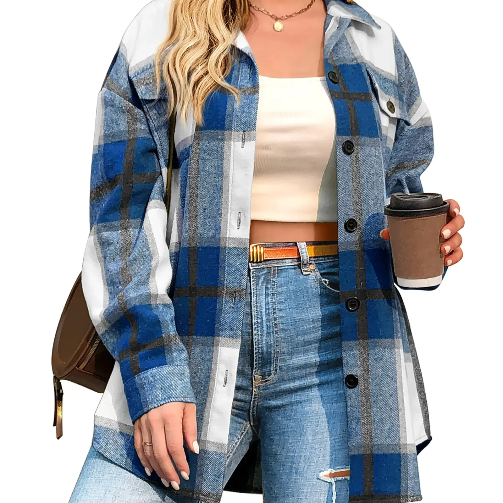 Light blue plaid flannel shirt.
