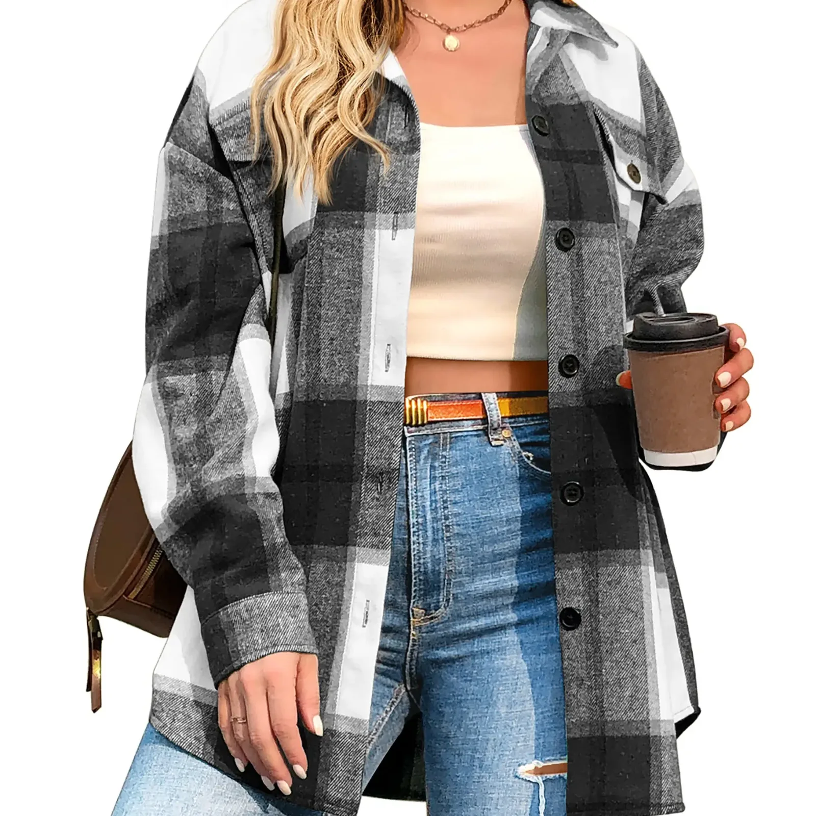 Gray plaid flannel shirt.