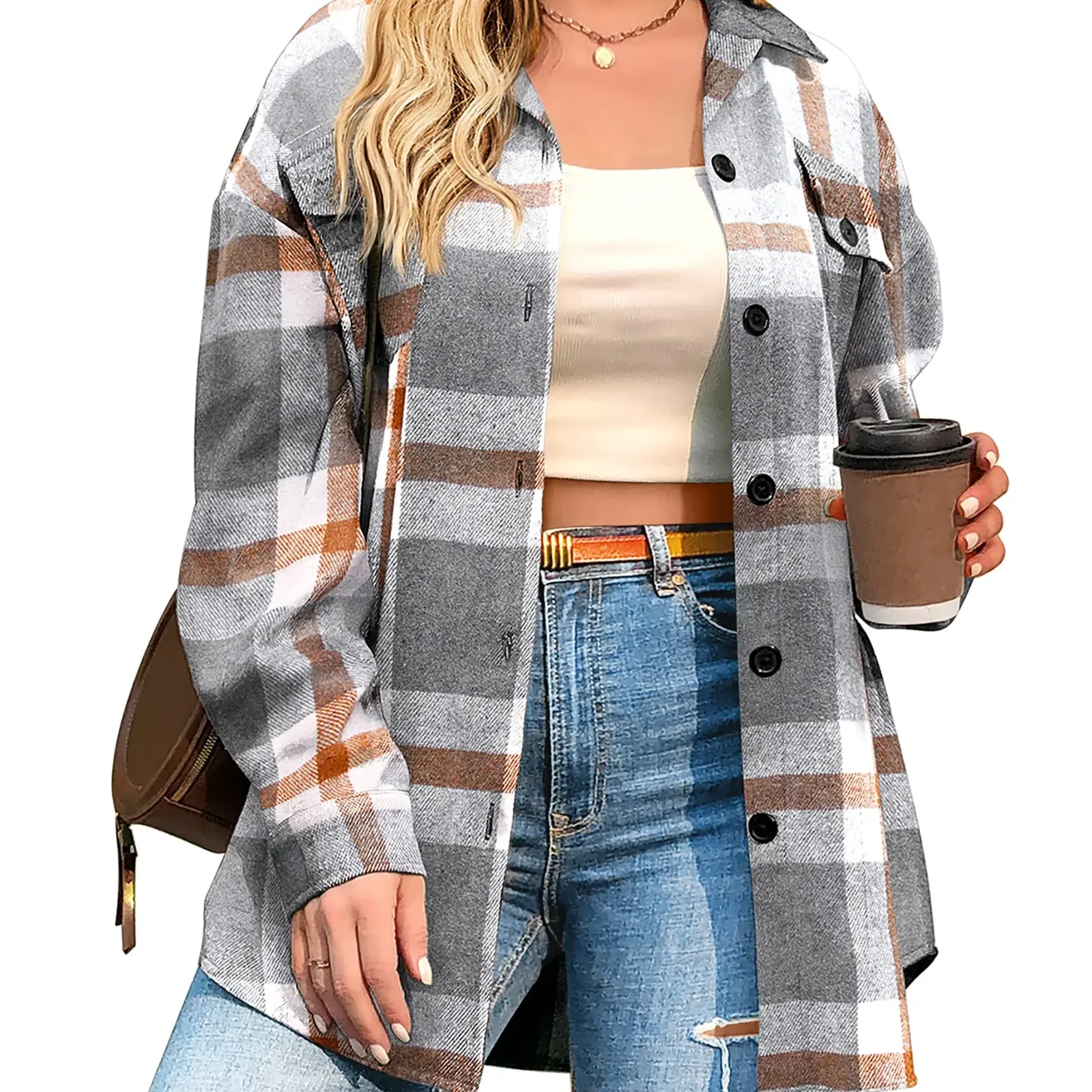 Gray and khaki plaid flannel shirt.
