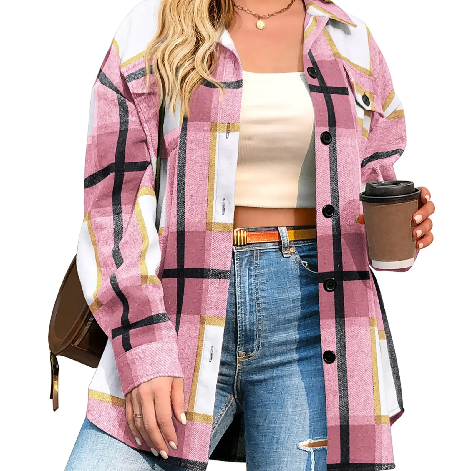 Pink plaid flannel shirt.