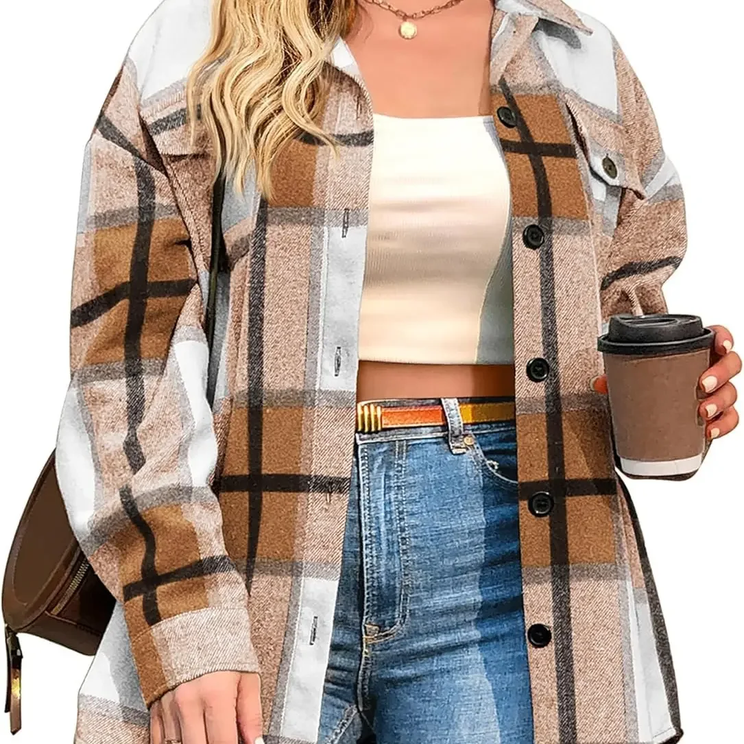 Khaki and beige plaid flannel shirt.
