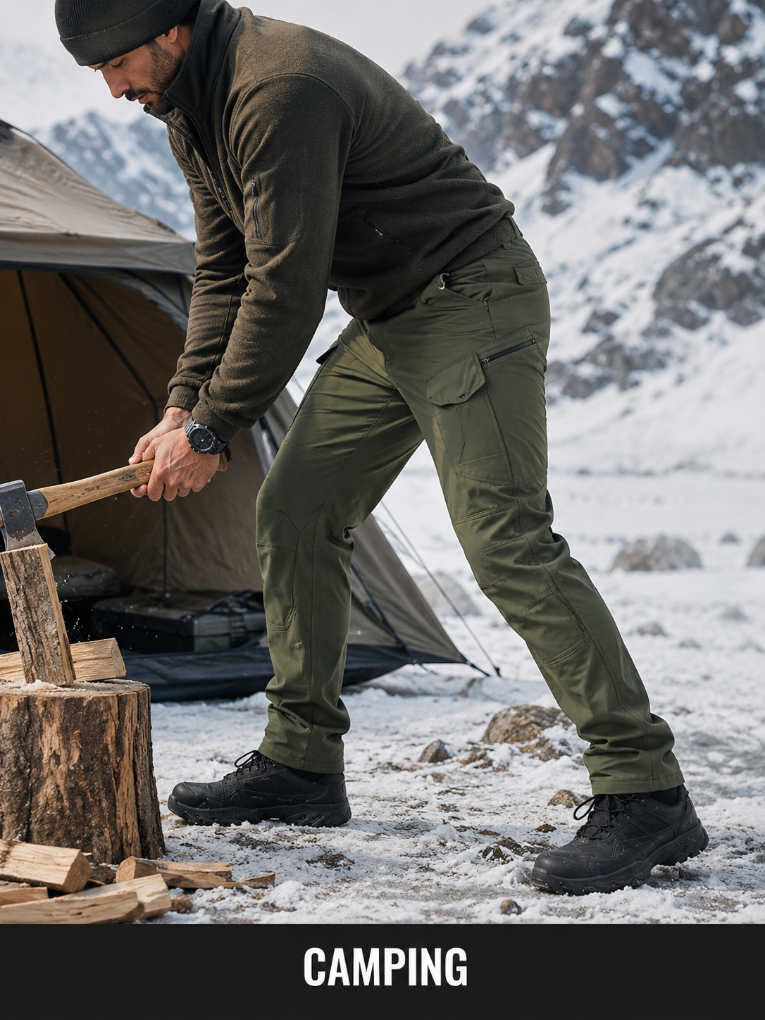 Camping use case wearing olive green cargo pants in cold outdoor setting.