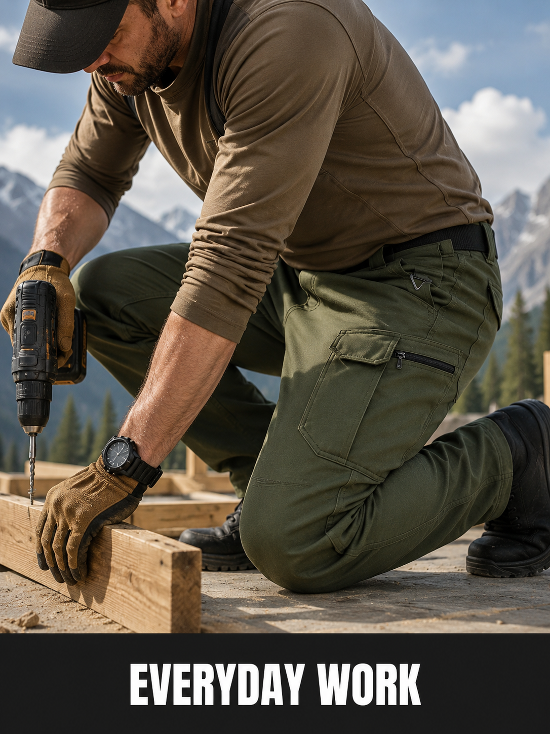 Everyday work use case wearing olive green cargo pants while using a drill.