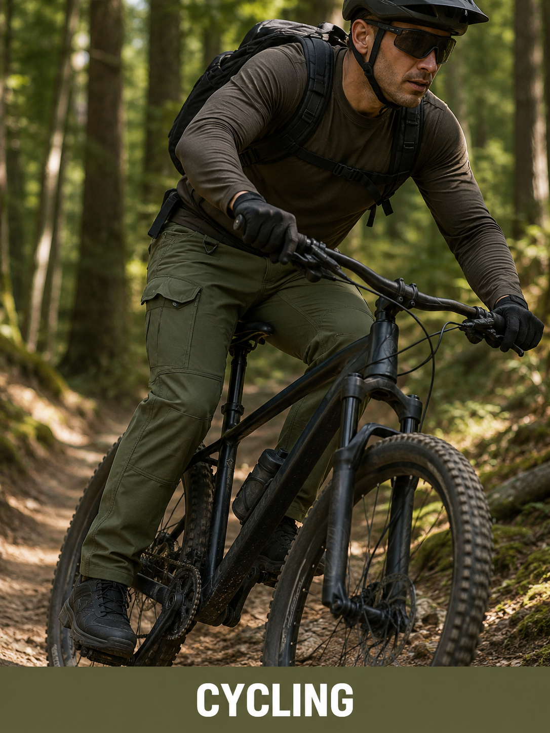 Cycling use case wearing olive green cargo pants on a forest trail.