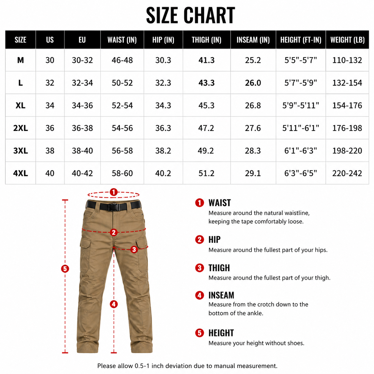 Fleece-lined cargo pants size chart in inches from M to 4XL.