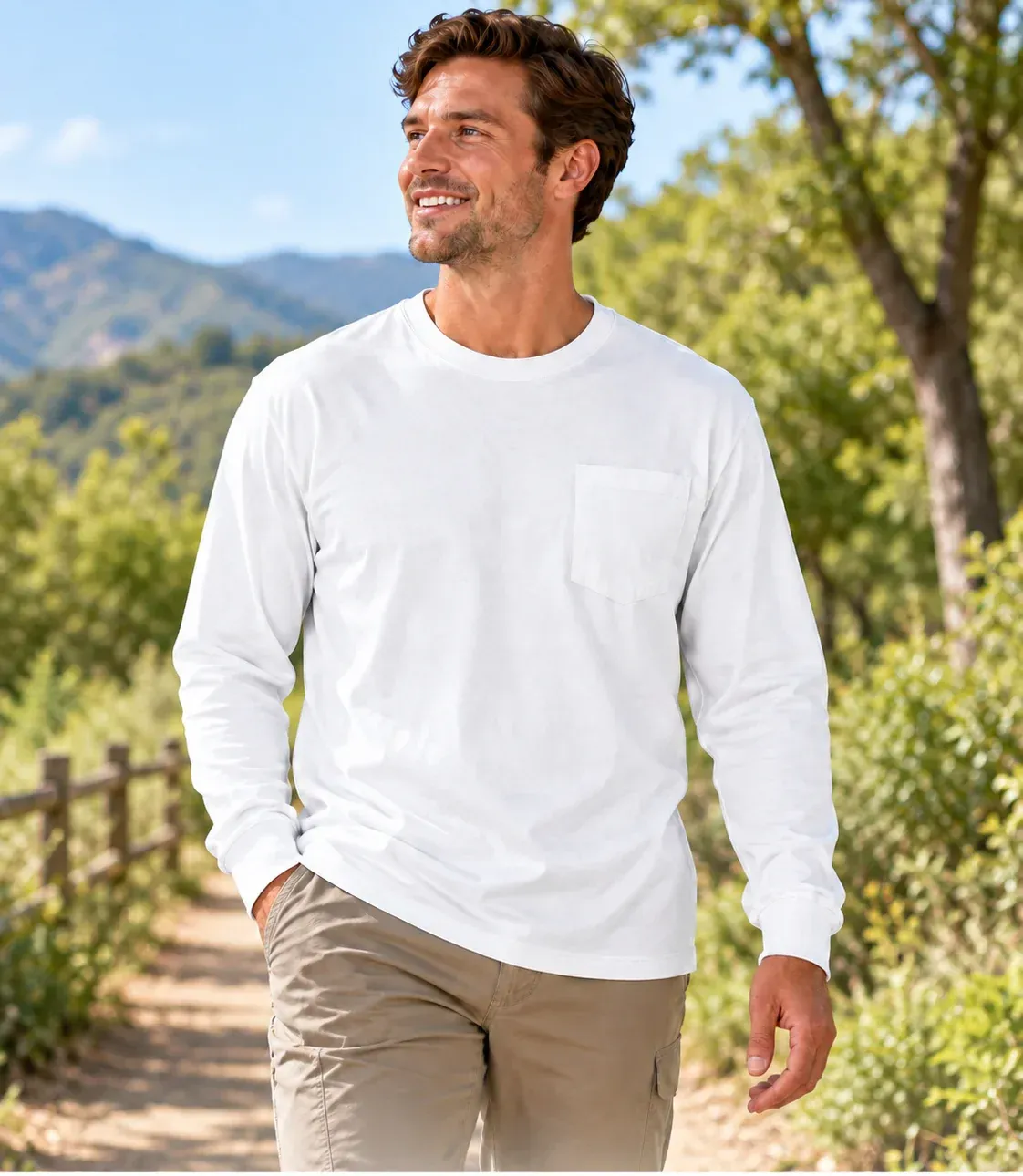 White pocket T-shirt styled outdoors