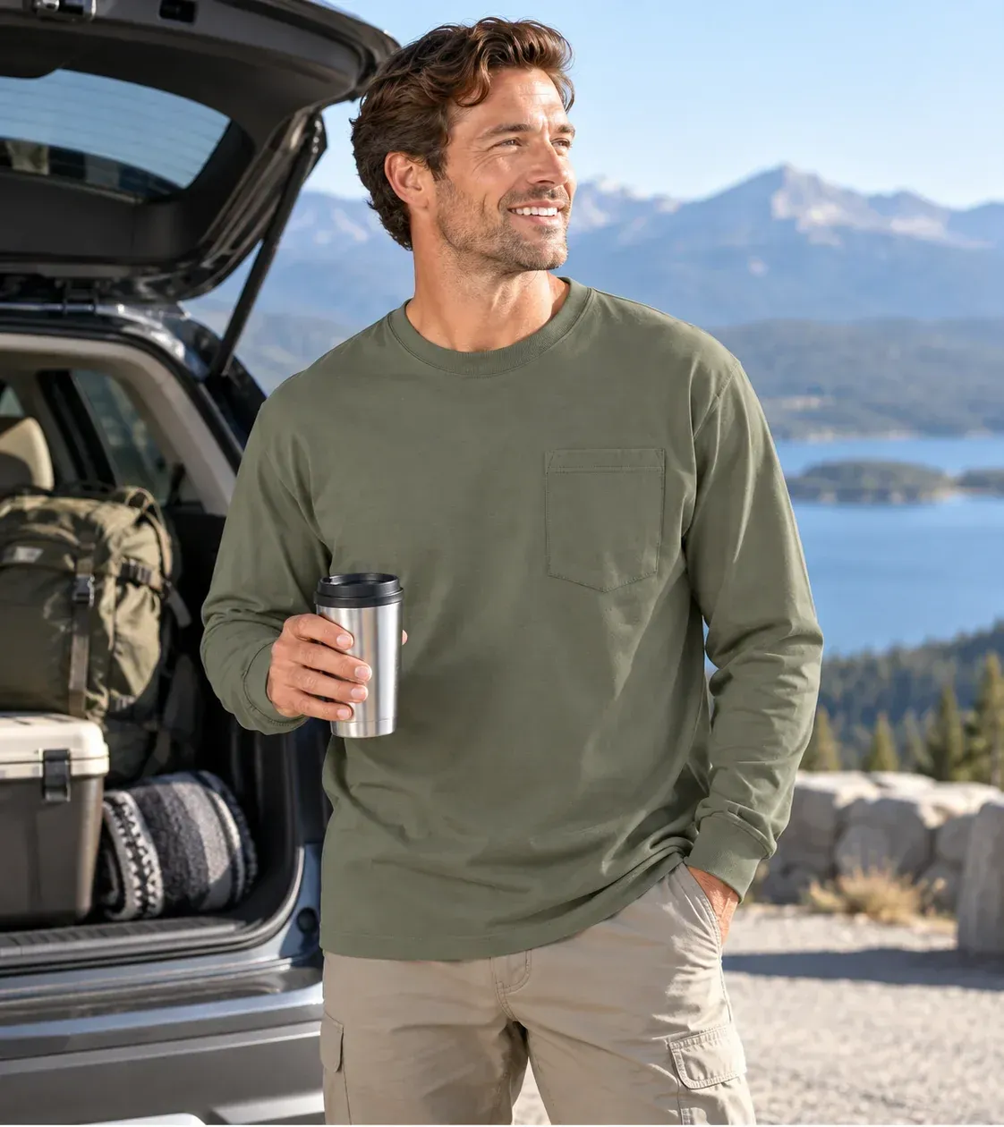 Army Green pocket T-shirt styled for travel