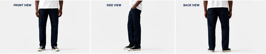 Front side and back views of men's straight-leg jeans