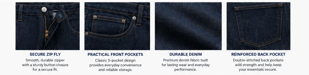 Zip fly pockets denim fabric and reinforced stitching details