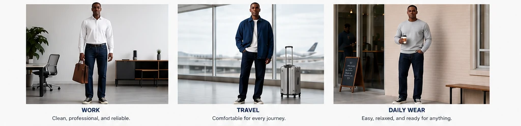 Straight-leg jeans for work travel and everyday wear