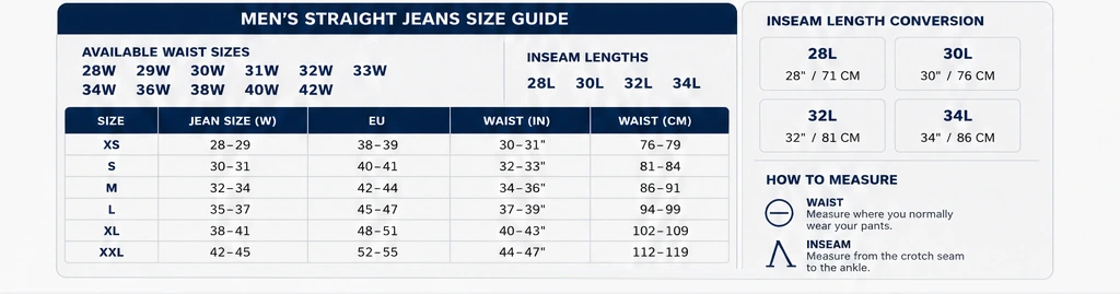 Men's straight jeans waist and inseam size guide