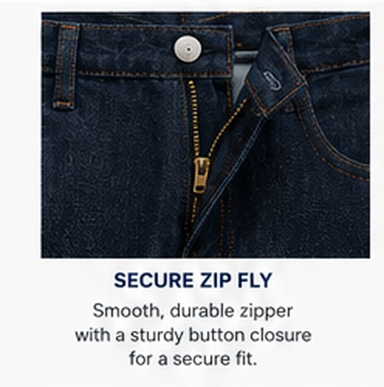 Secure zip fly and button closure detail