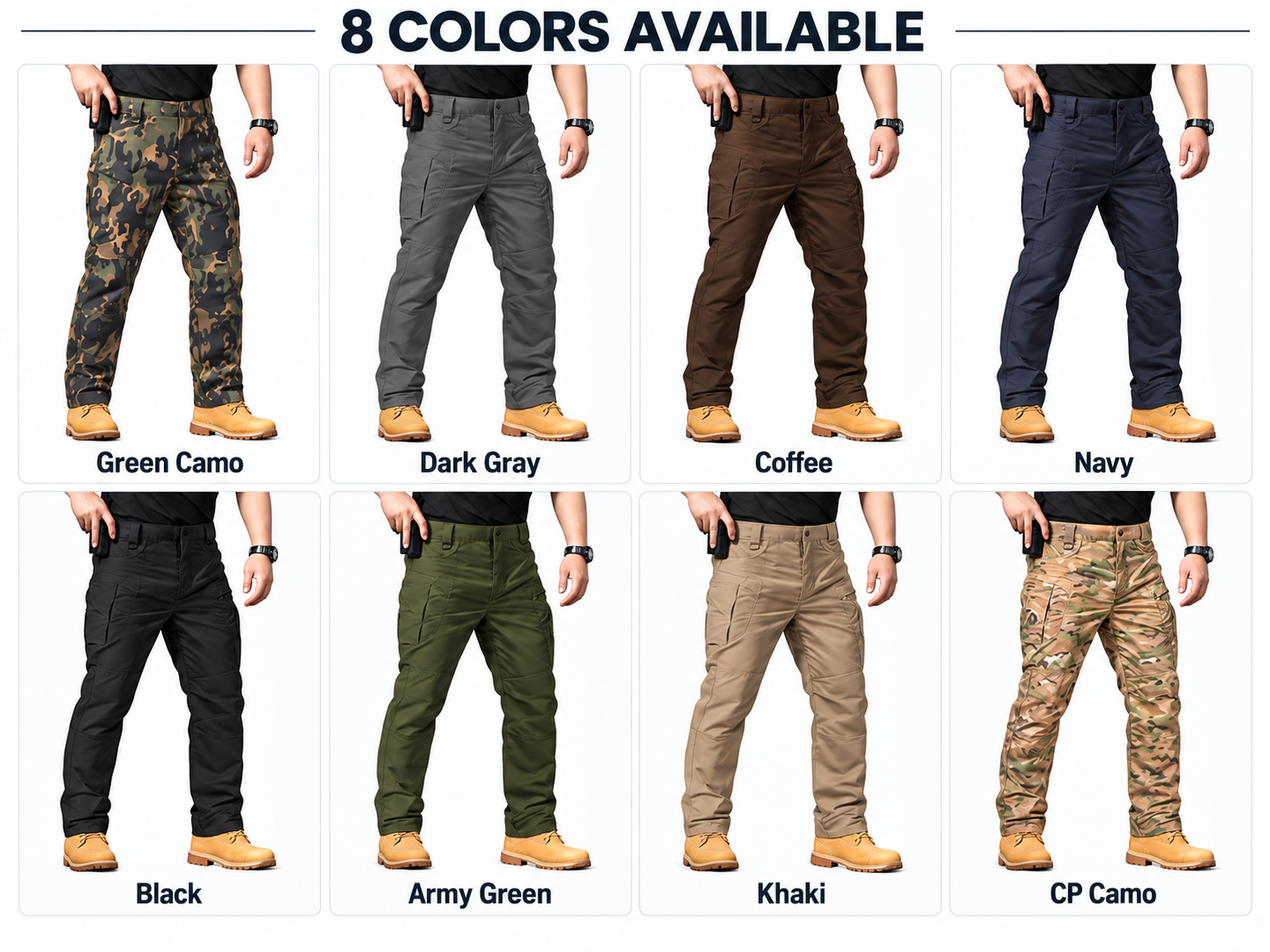 Eight tactical cargo pants colors