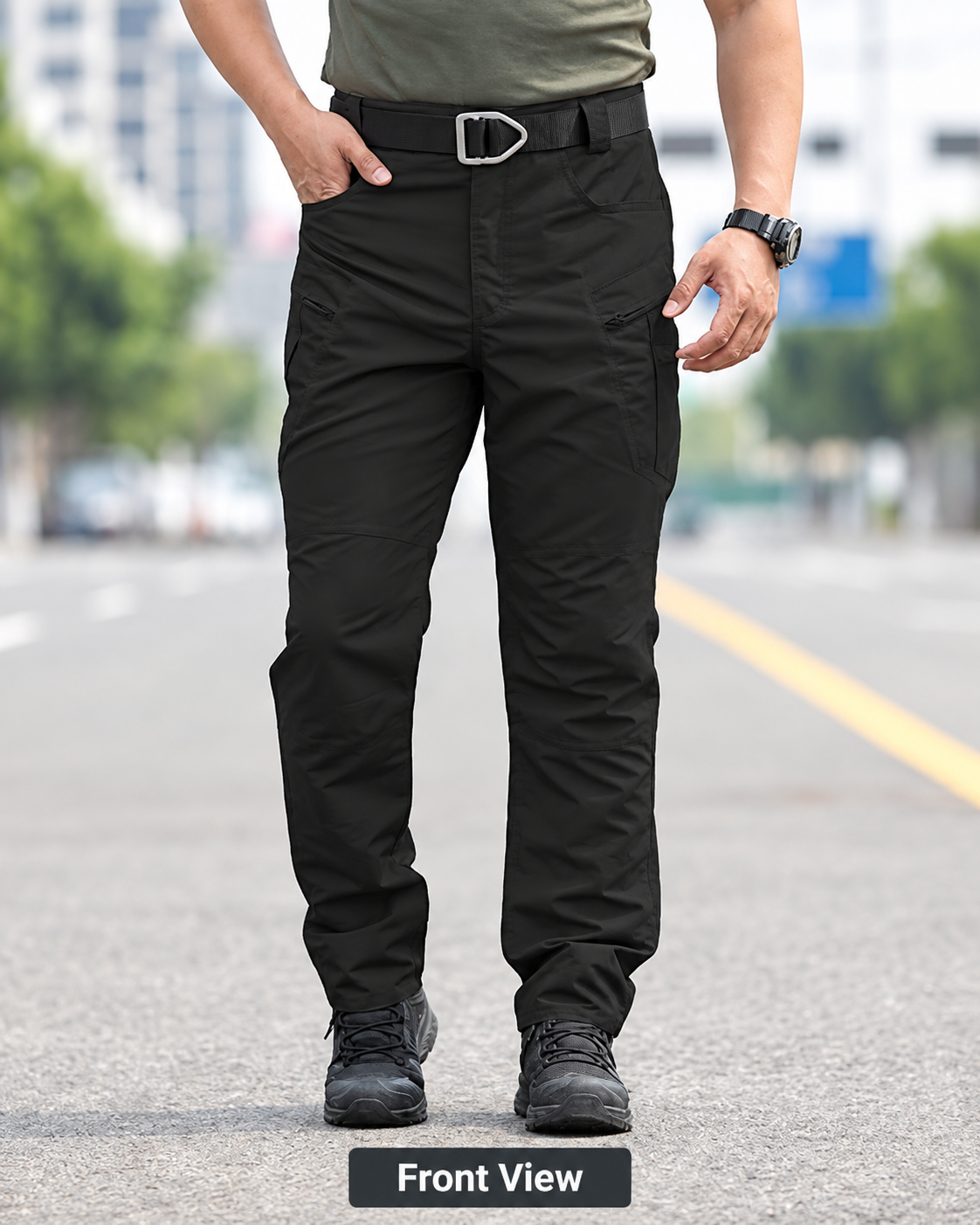 Front view of black tactical cargo pants