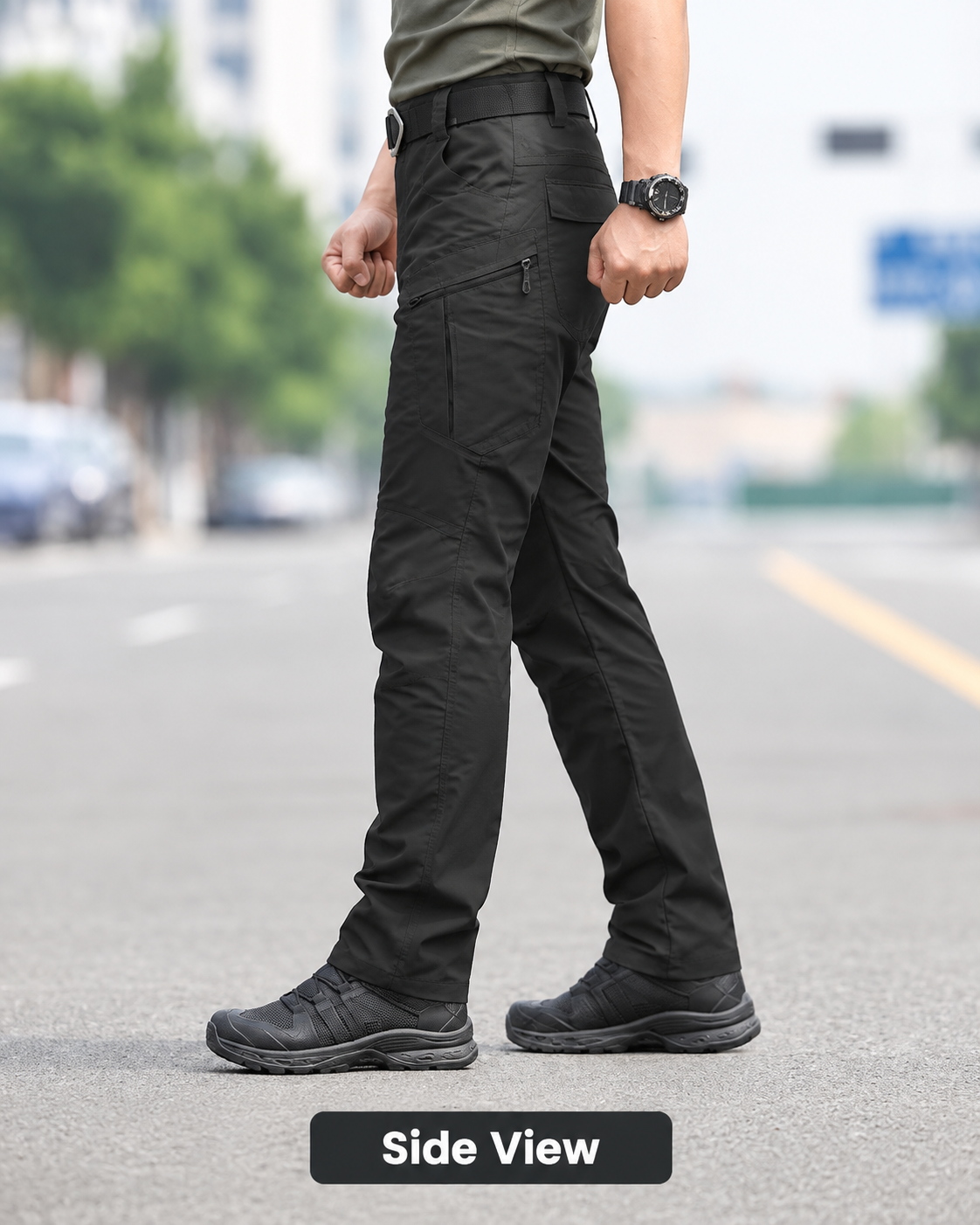 Side view of black tactical cargo pants