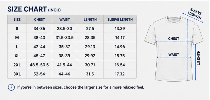 Men's workout shirts size chart in inches