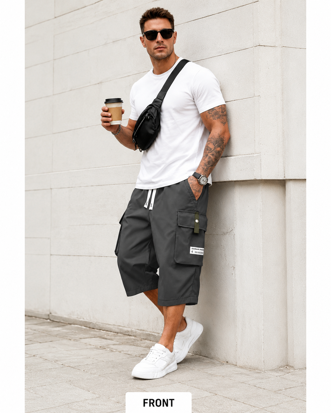 Front view of men's cargo shorts.