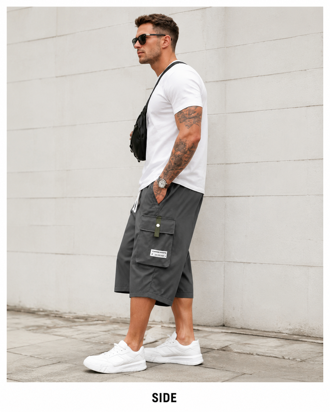 Side view of men's cargo shorts.