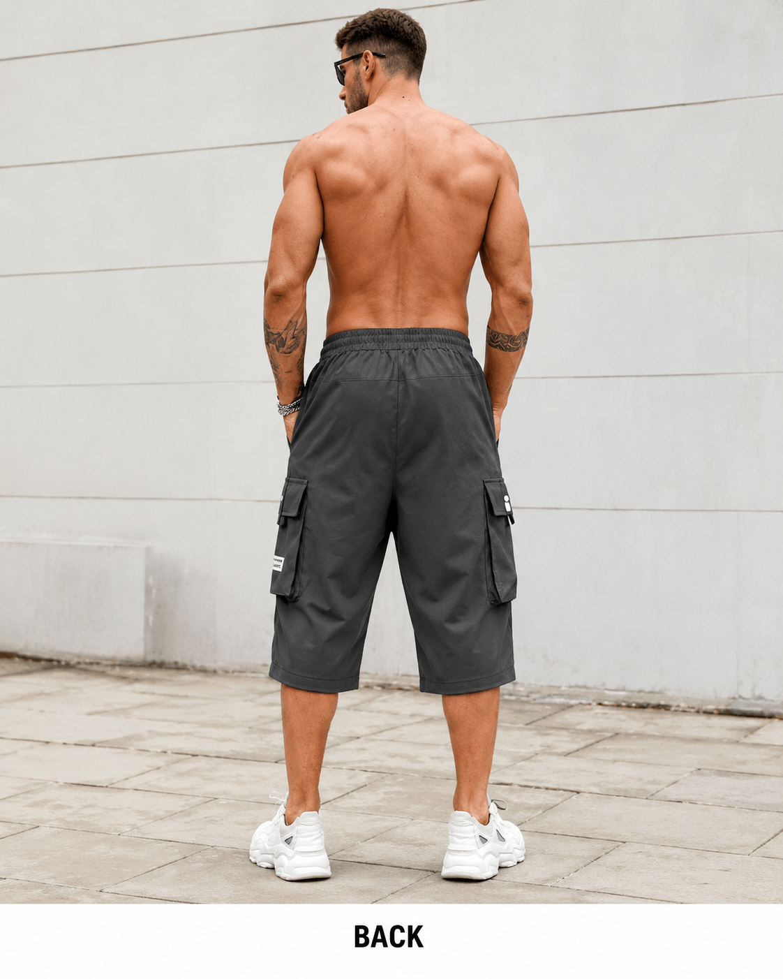 Back view of men's cargo shorts.