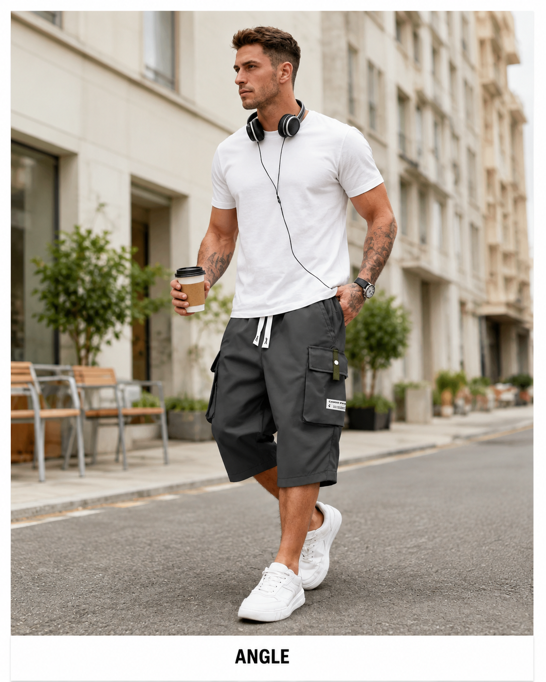 Angled walking view of men's cargo shorts.
