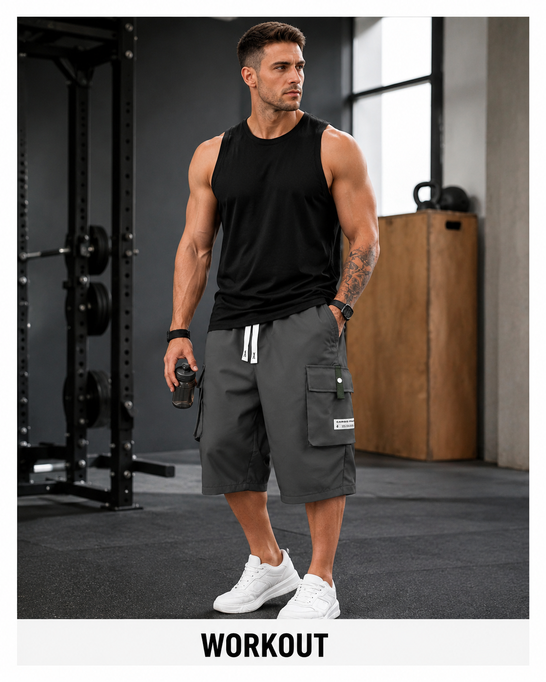 Workout outfit wearing men's cargo shorts.