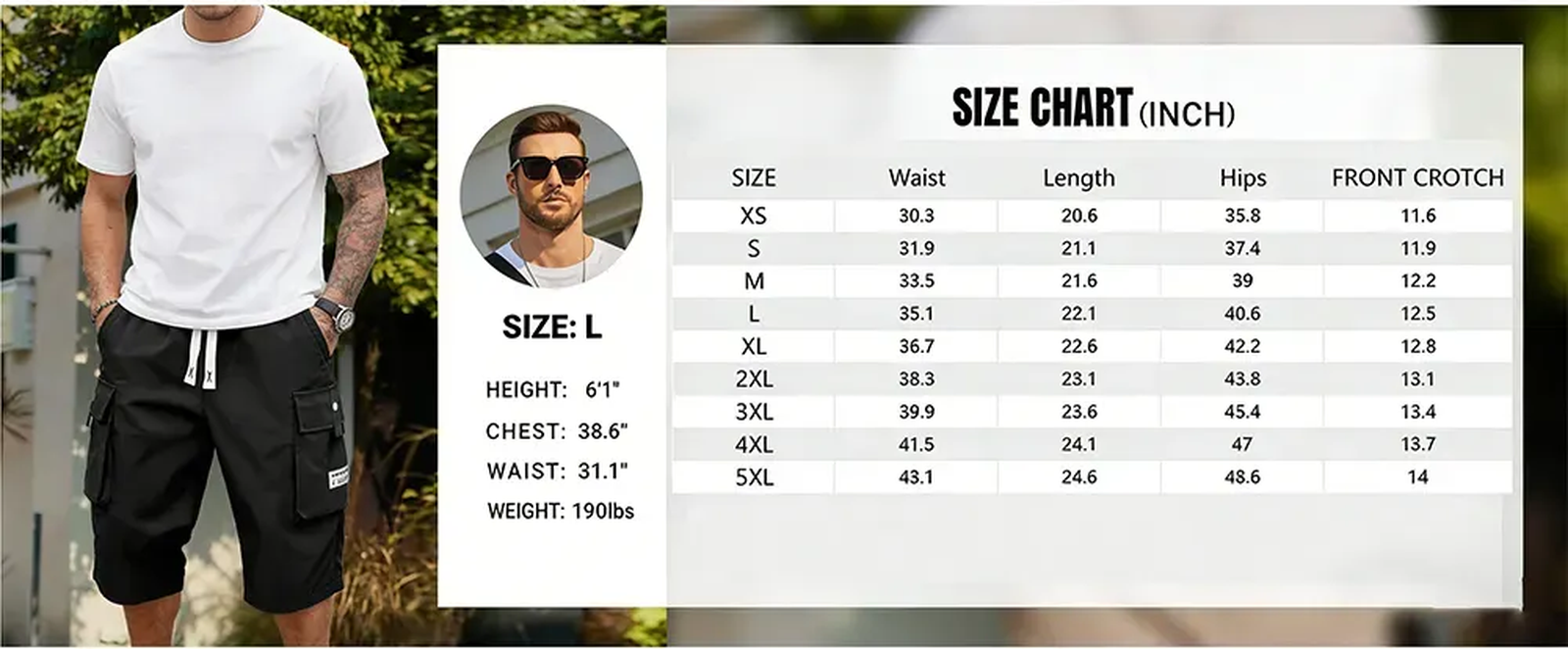 Cargo shorts size chart in inches.