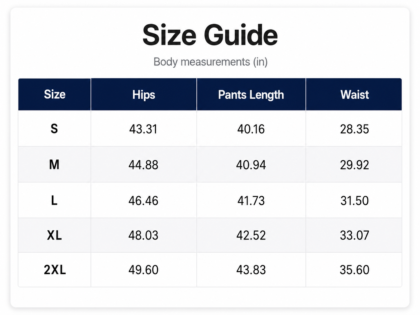 Men's fleece sweatpants size guide in inches