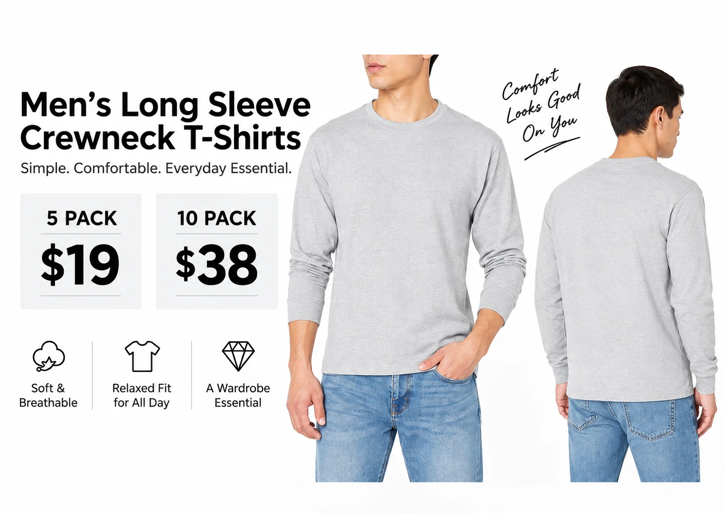 Men's long-sleeve crewneck T-shirt 5-Pack and 10-Pack offer
