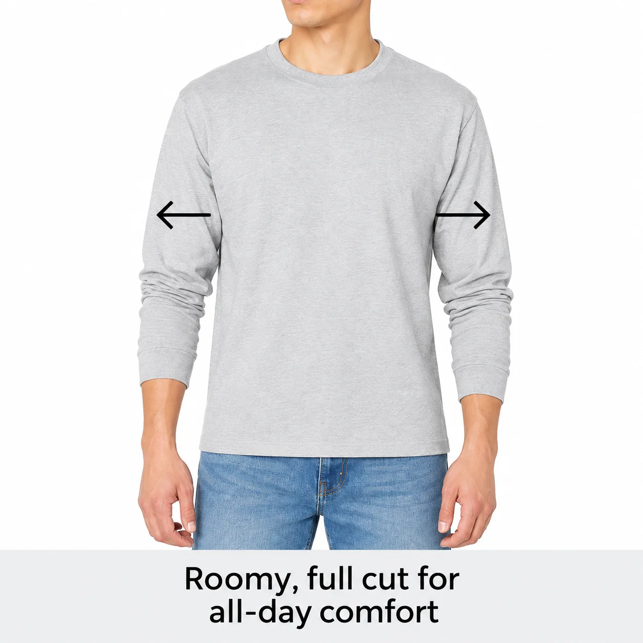 Front view showing the roomy long-sleeve fit