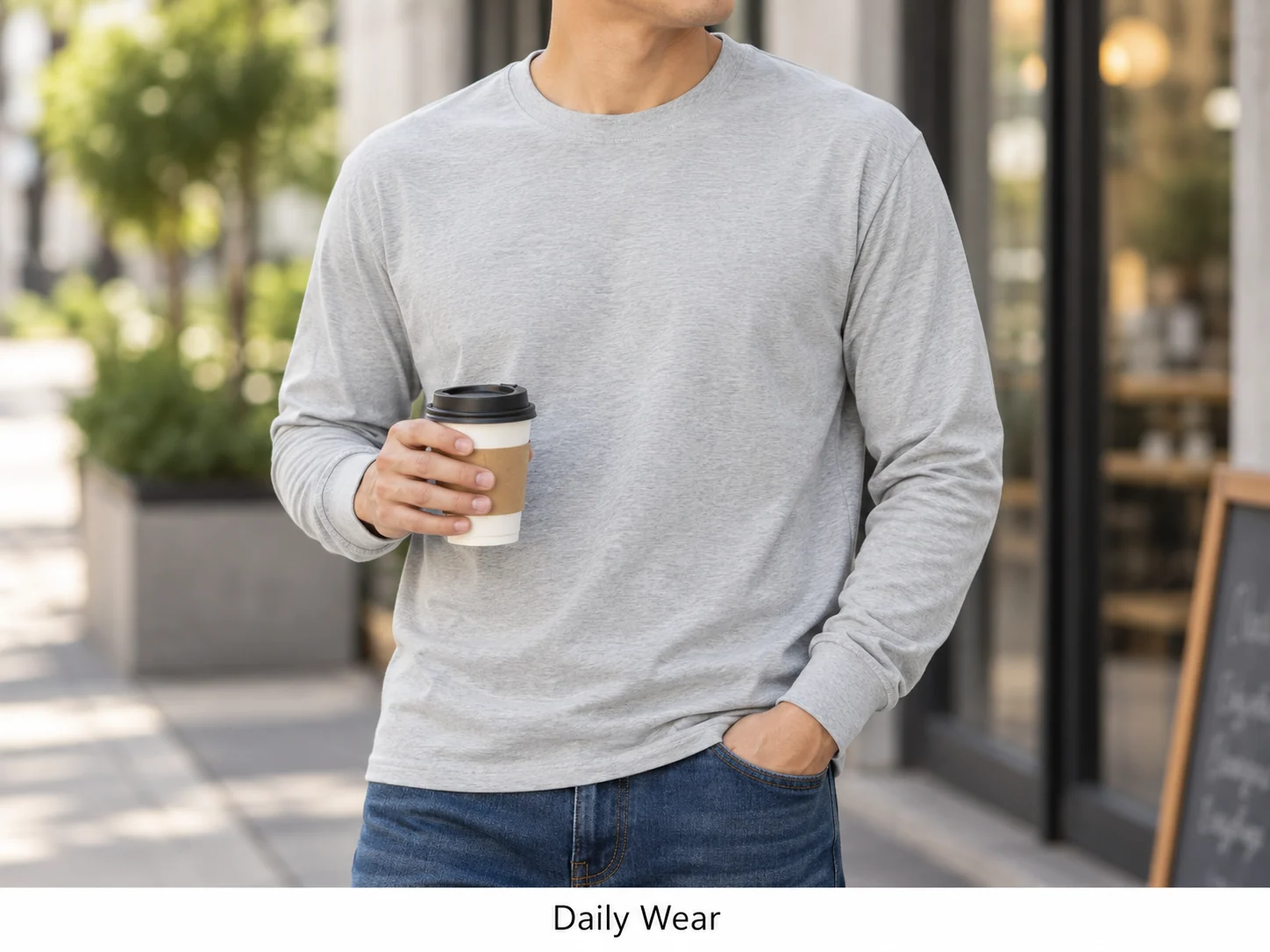 Light Heather Gray long-sleeve crewneck T-shirt for daily wear