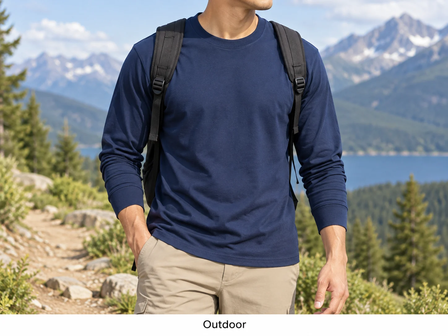 Navy long-sleeve crewneck T-shirt outdoors