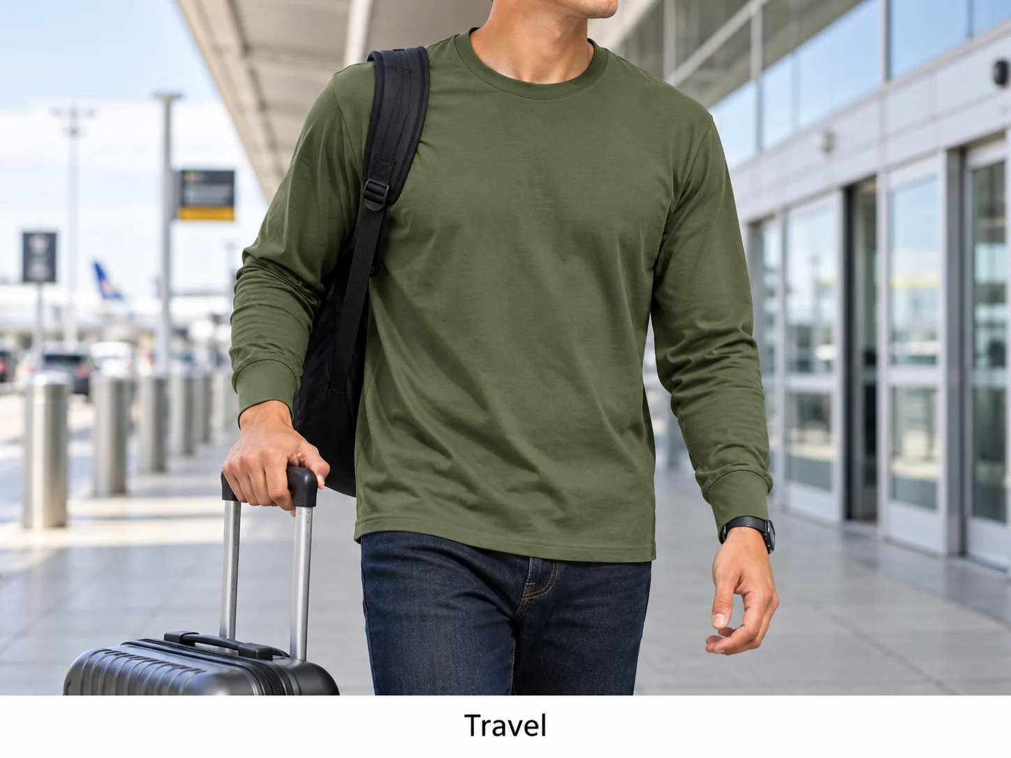 Olive Green long-sleeve crewneck T-shirt for travel