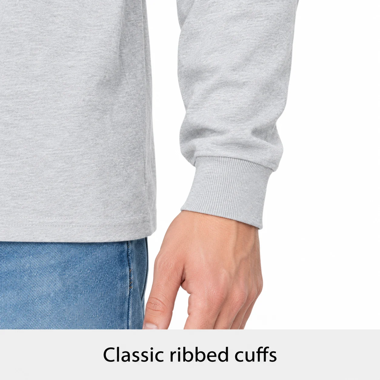 On-body view of ribbed sleeve cuffs