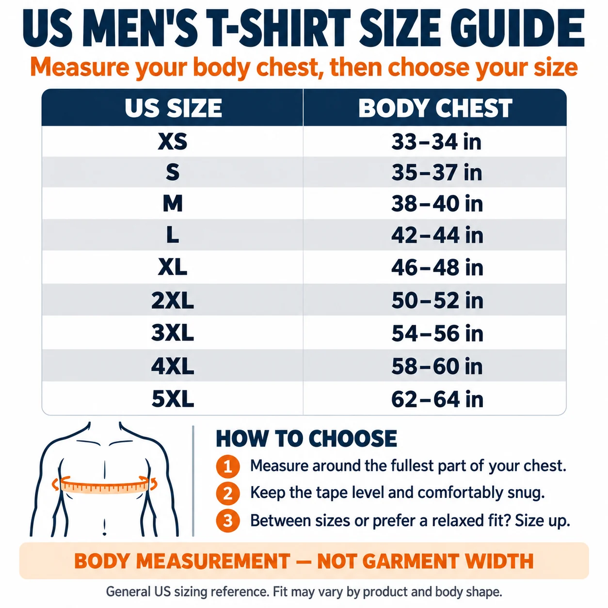US men's T-shirt body chest size guide in inches from XS through 5XL