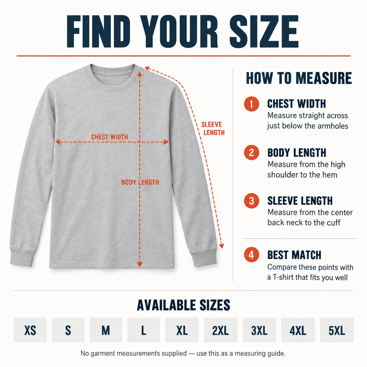 Generic measuring guide for sizes XS through 5XL