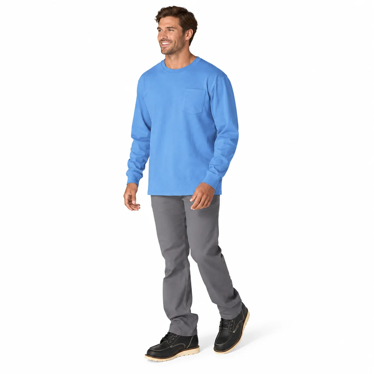 Full front view showing the relaxed long-sleeve fit