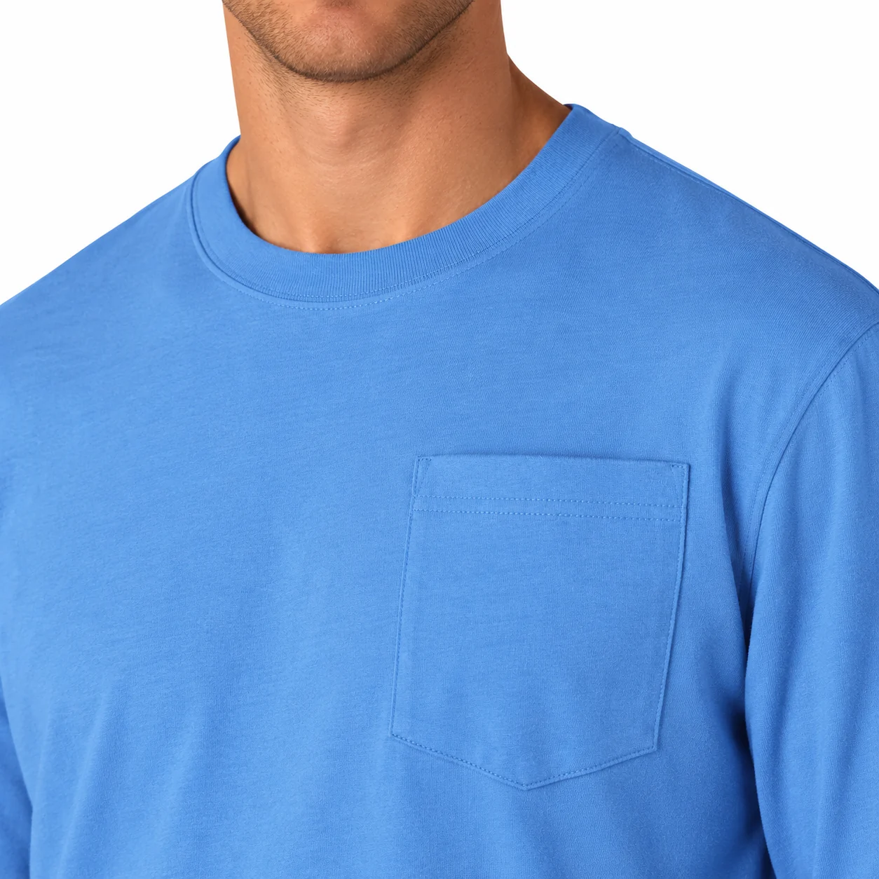 On-body view of the crew neck and chest pocket