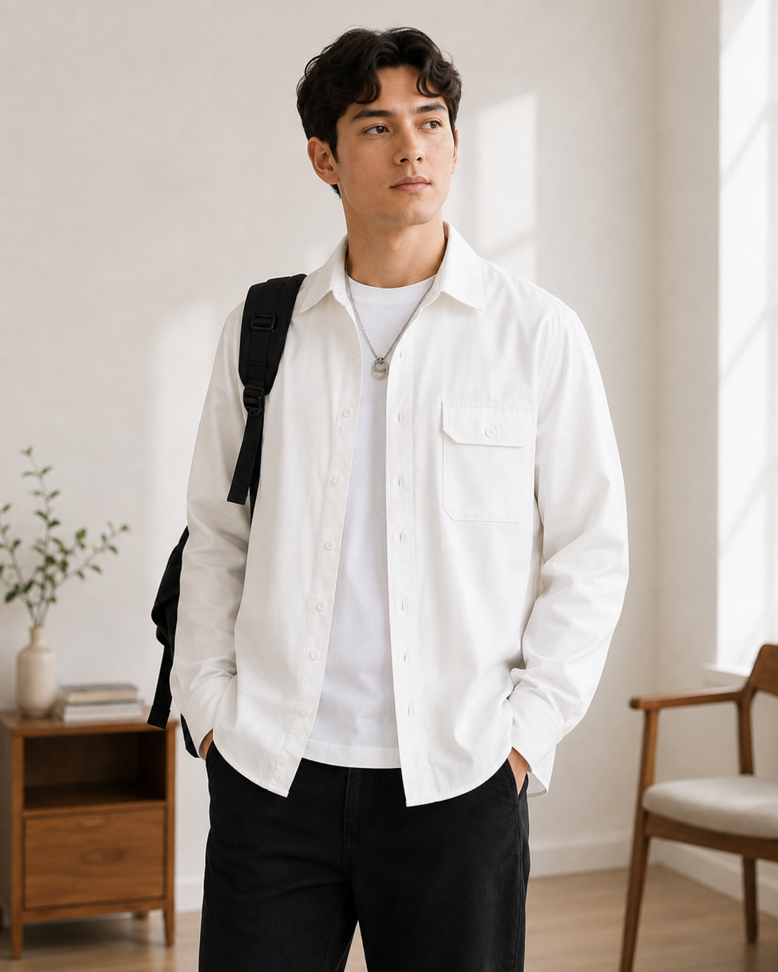 Closer fit view of the white overshirt