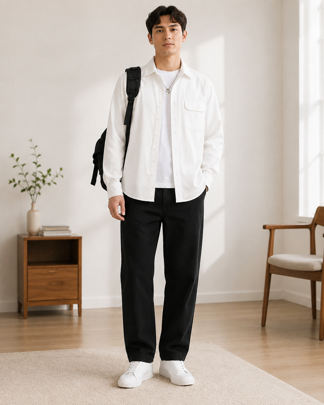 Front fit view of the white overshirt