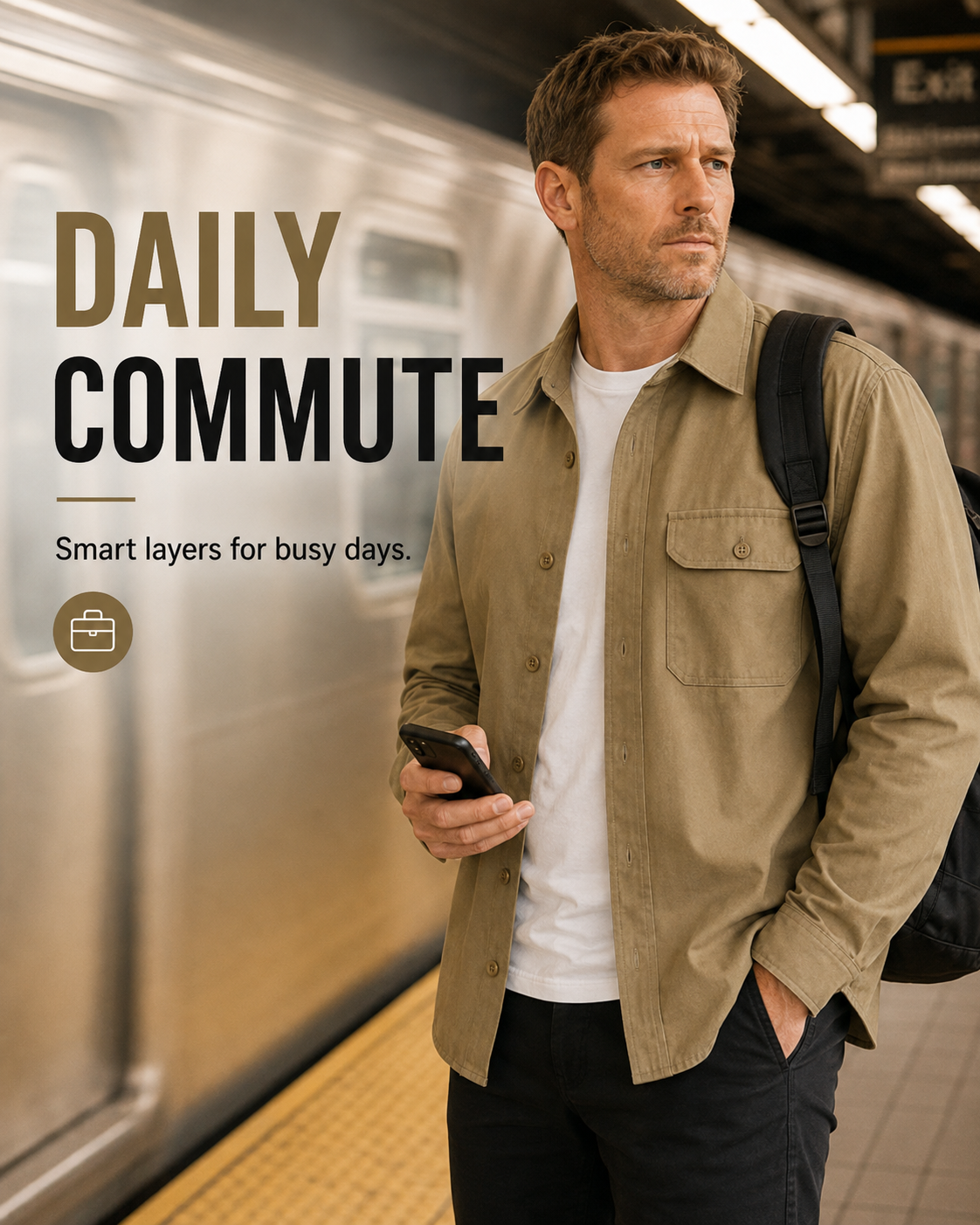 Khaki overshirt worn during a commute