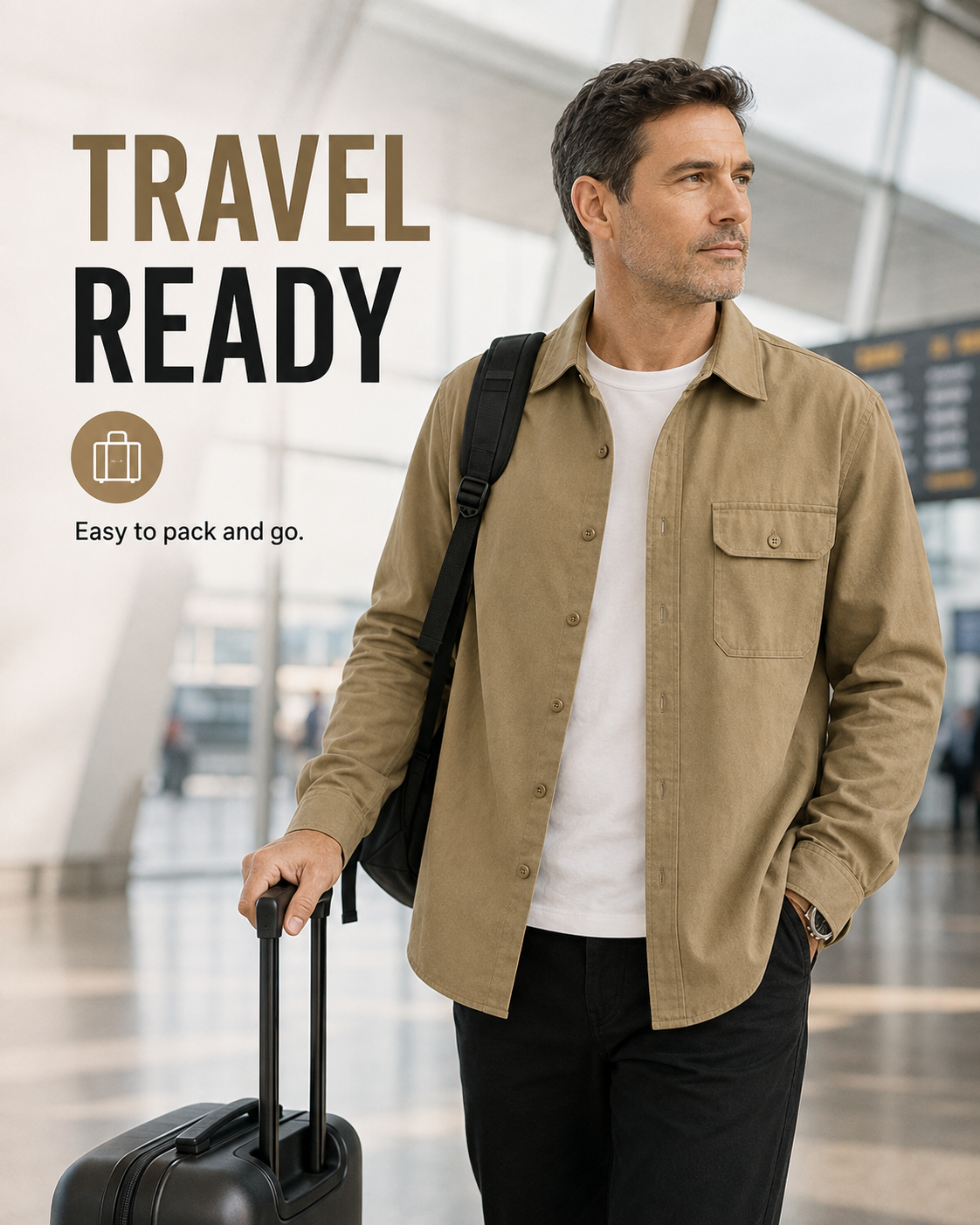 Khaki overshirt styled for travel