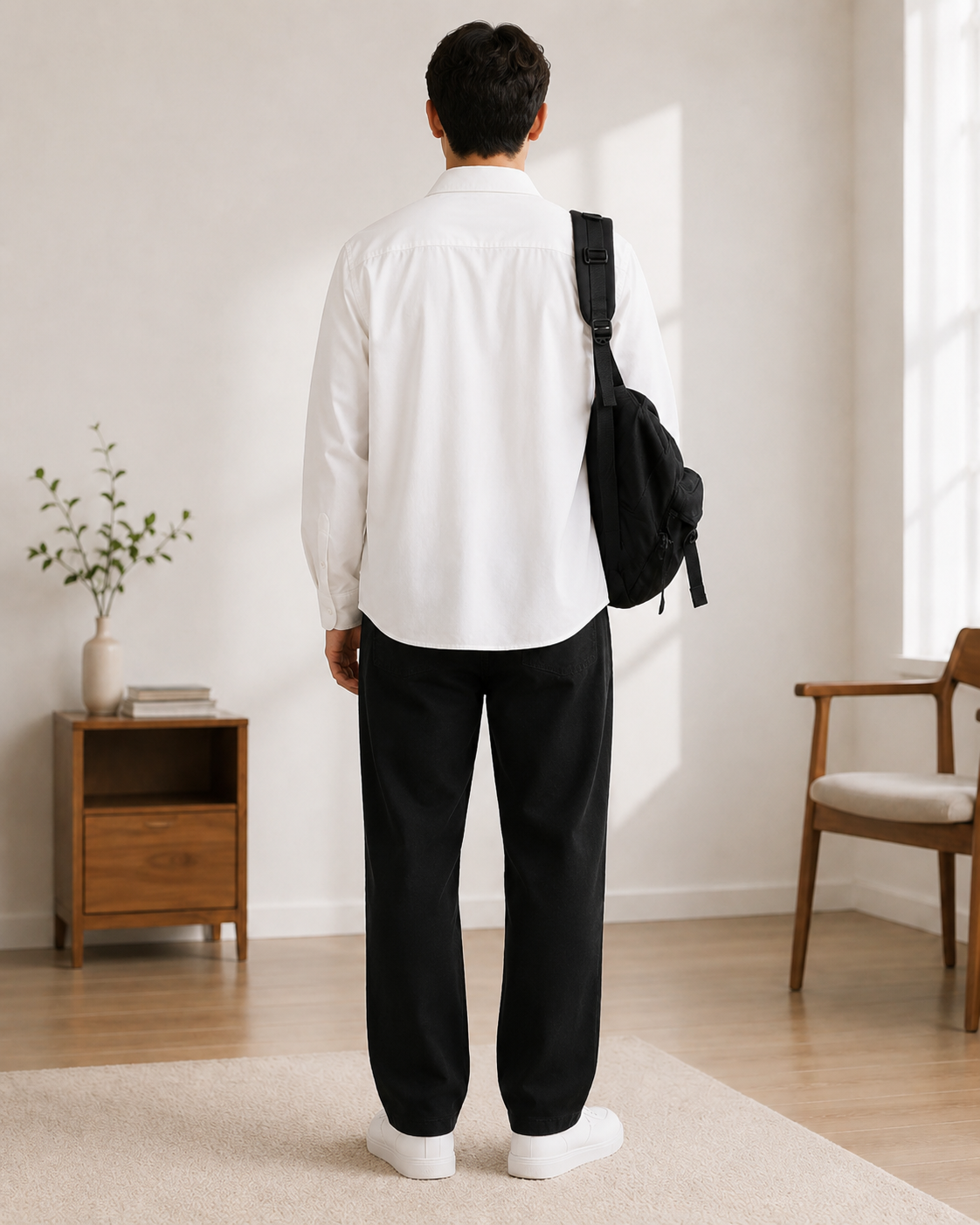 Back fit view of the white overshirt
