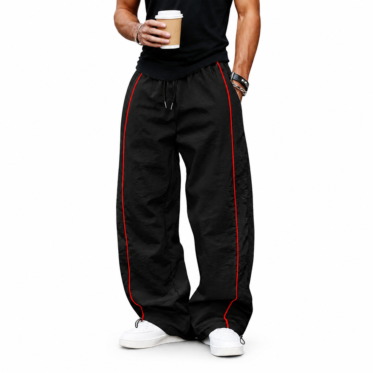 Black wide-leg pants with red piping front view.