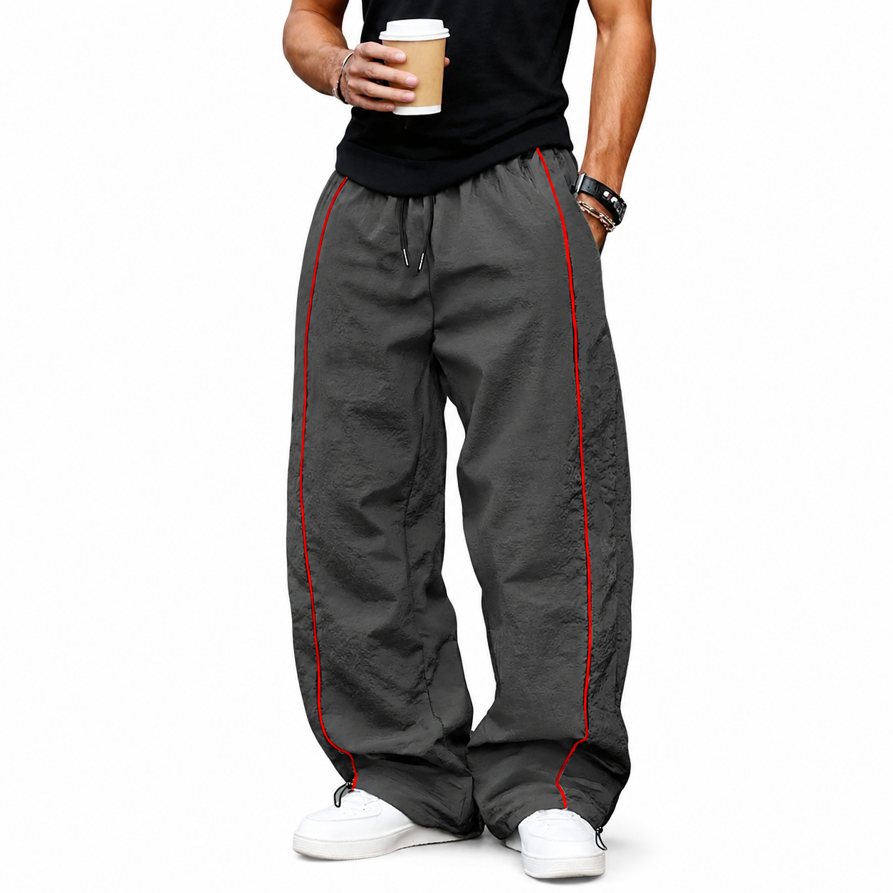 Dark gray wide-leg pants with red piping front view.