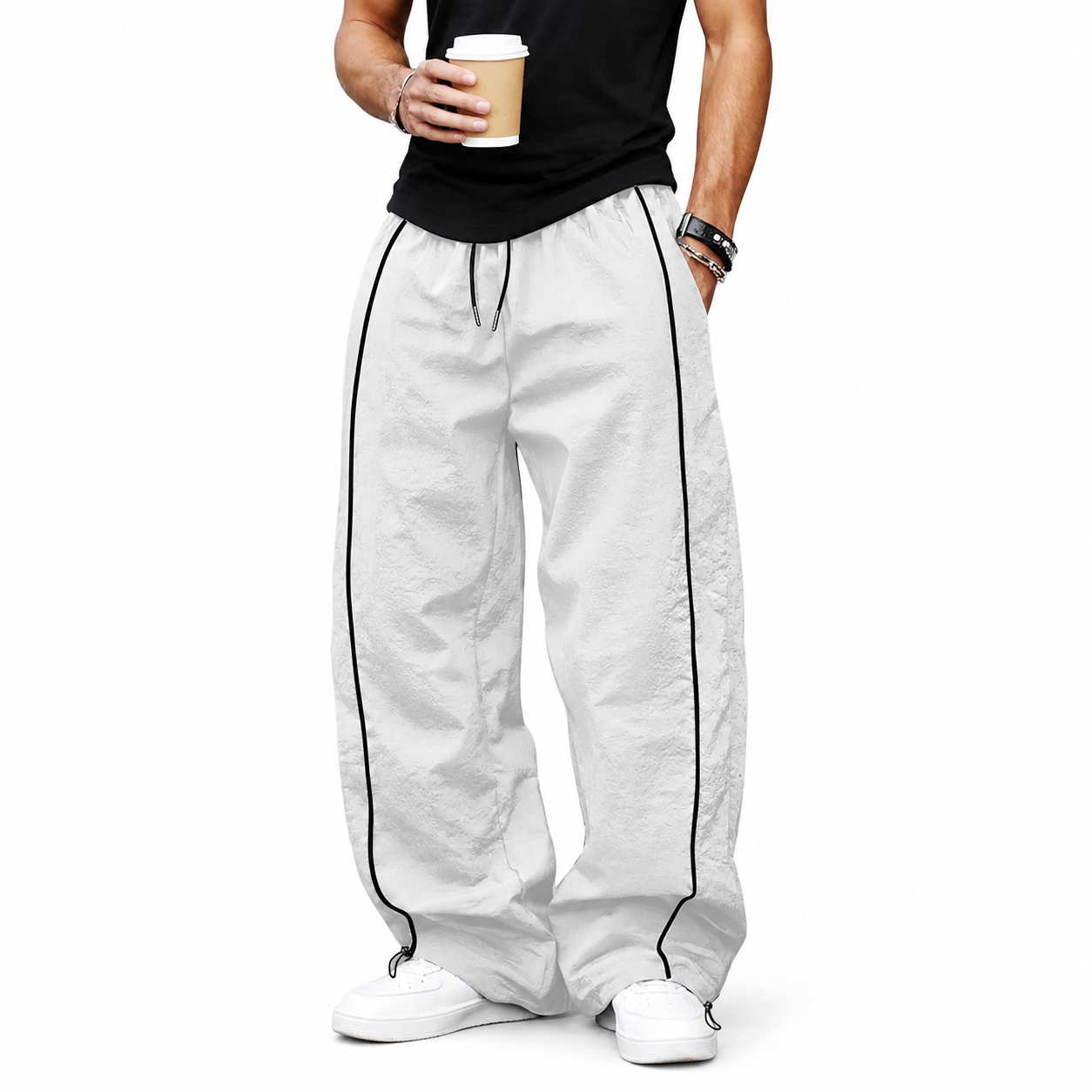 White wide-leg pants with black piping front view.