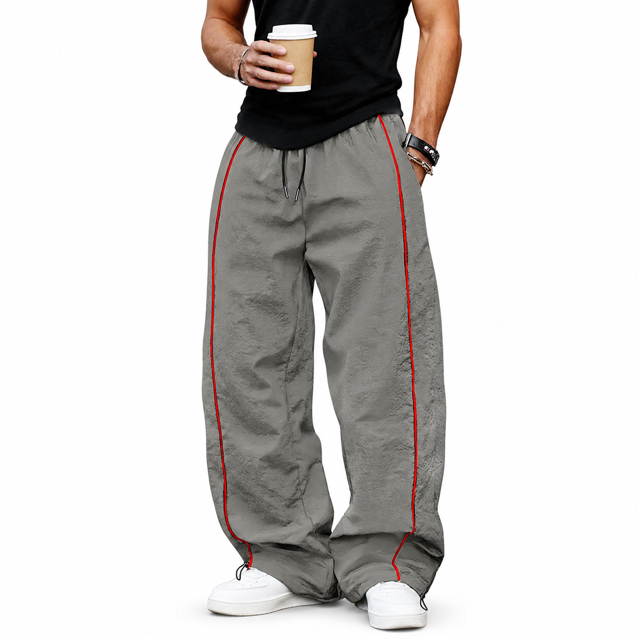 Gray wide-leg pants with red piping front view.